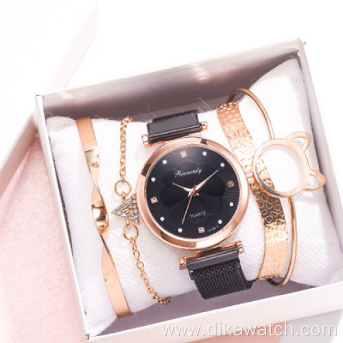 Fashion 5pcs Set Women Watches Luxury Magnet Buckle Flower Rhinestone Watch Ladies Quartz Wrist Watch Bracelet Set Reloj Mujer